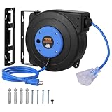 VEVOR Retractable Extension Cord Reel, 45 FT, Heavy Duty 12AWG/3C SJTOW Extension Power Cord with Lighted Triple Tap Outlet, 15A Circuit Breaker 180° Swivel Bracket for Ceiling or Wall Mount, Blue