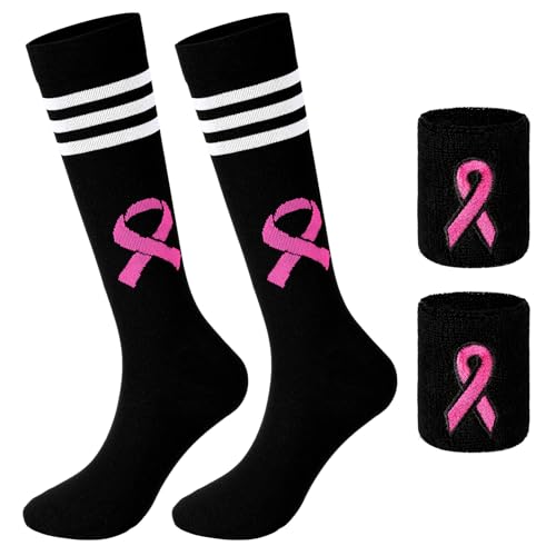 Croloose Breast Cancer Awareness Pink Ribbon Socks and Wristbands Set, Athletic Accessories Knee Length Socks for Womens Men(Classic Style,Black)