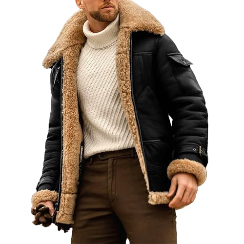 Vintage Fur Collar Sherpa Leather Coat for Men Winter Warm Thicken Leather Jacket Classic Motorcycle Bomber Overcoat