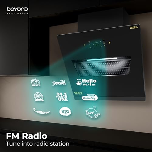Image of Beyond Appliances Elara 60cm Auto Clean Slant Kitchen Chimney | 1500 CMH Suction | Filterless | Smart AI, Motion Sensor & Speakers | Touch Control | Radio | Whistle Counter | Black | PAN INDIA SERVICE