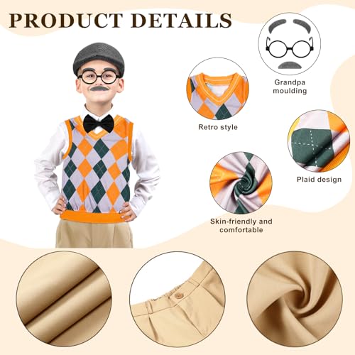 Liitrsh 8 Pcs Old Man Costume for Kids Grandpa Costume 100 Days of School Halloween Vest and Pants for Boys(8-10 Years,Yellow Green Plaid) by Liitrsh - Image 5