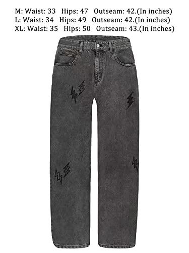 Men's Mid-Rise Straight-Leg Jeans Lightning Embroidered Relaxed Fit Denim Pants Dark Grey #TOP3