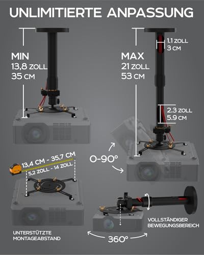 Universal-Projektorhalterung – verstellbare Decken- oder ausziehbare Wandhalterung für Mini-Projektoren für Büro und Zuhause – voll beweglich, einfache Installation, 360° schwenkbar, Länge 13,8“ - 21“