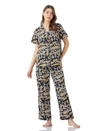 Image of Amazon Brand - Myx Women Cotton Shirt and Relaxed Pajama Set | Night Suit Set (Available in Plus Sizes)