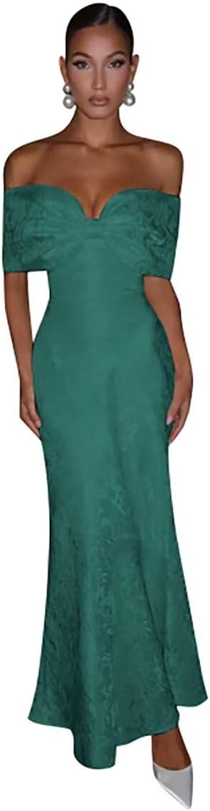 Off The Shoulder Jacquard Satin Prom Dresses for Teens Bodycon Formal Evening Party Gowns with Bow Long LL-M144