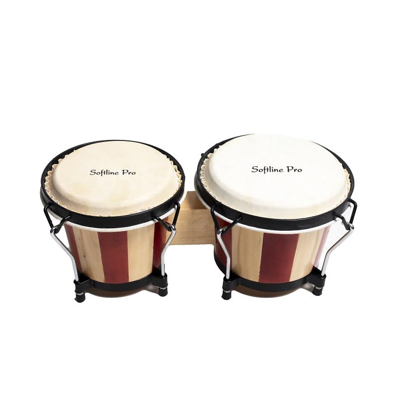 Image of Softline Pro Bongo Drum Set with Tuning Wrench & Padded Professional Wooden Percussion Instrument for Beginner Adults Kids - Natural Skin (Red Stripe - Normal)