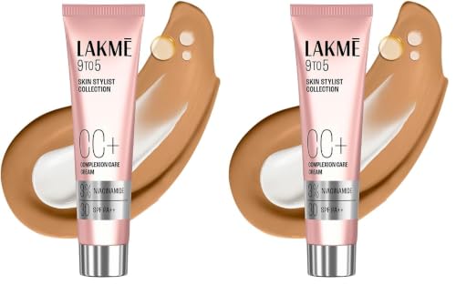 Image of Lakme 9 to 5 CC Cream Almond with 3% Niacinamide Complex SPF30 PA++ | 90% lightweight moisturizing cream for Care & 10% Foundation for Care |Conceals Dark Spots| Brightens Skin |30 g (Pack of 2)