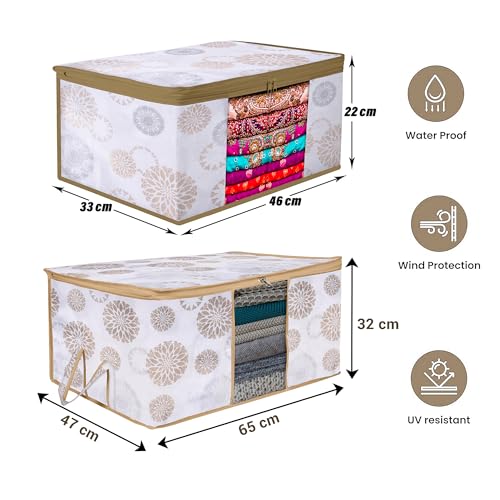 Image of Kuber Industries Set of 6 Saree Cover & Underbed Storage Bag Set | 3 Pieces Saree & 3 Pieces Underbed Storage Bag Combo Set | Visible Window & Handle Storage Bag | Gola-Print | White