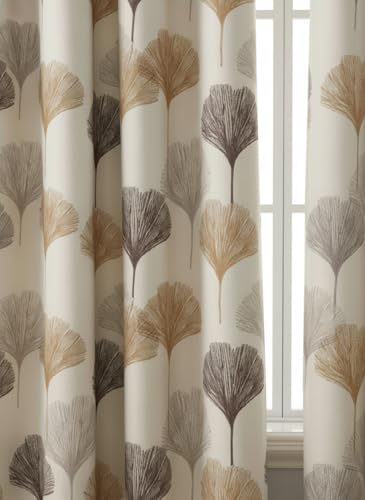 Image of HUTI 7 Feet Brown Door Curtain Set of 2 | Semi-Transparent Ginkgo Tree Printed Curtain | Soft Polyester Eyelet Curtains for Living Room & Bedroom 4x7 ft (120 x 213 cm) | Best for Home Decor