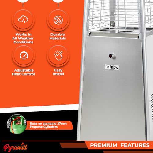 REALGLOW Real Flame Outdoor Pyramid Patio Heater in Stainless Steel - 13KW Propane Gas Standing Floor Heater for Outdoors & Gardens - Outside Space Heating for Decking, Home Garden & Gazebo - 2