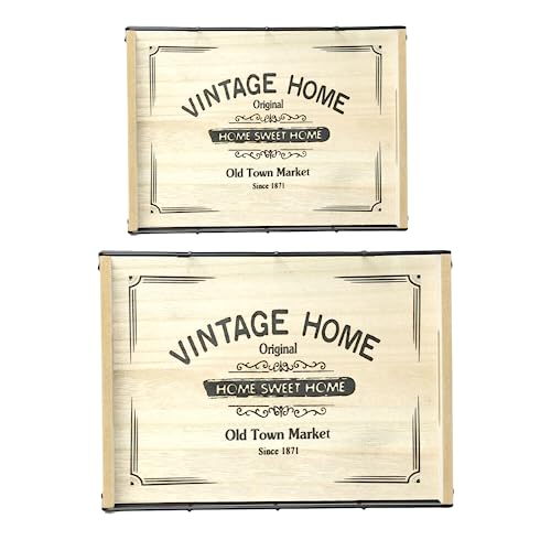 Bandeja de madera para servir, vintage, casa de campo, cocina, con asas, borde de alambre de metal, bandejas con logotipo de Home Sweet Home (paquete de 2)