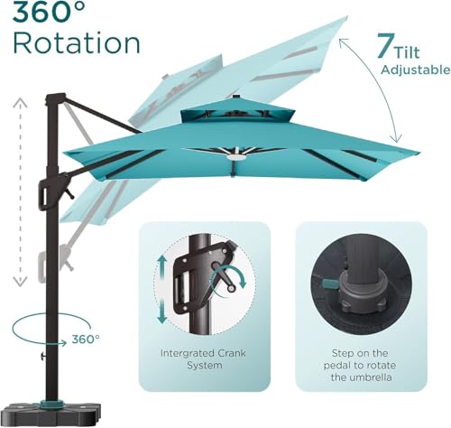Image of Deconk 10' X 13' Patio Umbrella with LED Lights Outdoor Cantilever Large Rectangle Offset Umbrellas Heavy Duty Aluminum Double Top with 360-degree Rotation for Pool Garden Deck, Turquoise