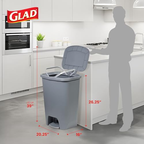 Image of Glad 20 Gallon Trash Can with Clorox Odor Protection | Plastic Kitchen Waste Bin | Hands Free with Step On Foot Pedal and Garbage Bag Rings, Grey