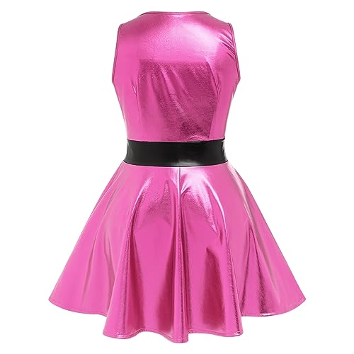 Women Shiny Metallic Skater Dress Sleeveless Disco Dance 80s Holographic Dress Adult Sparkly Hallowen Cosplay Outfits Iridescent Rave Music Party Wet Look Plus Size Pleated Dress Hot Pink XXL by IBAKOM - Used condition - Image 3