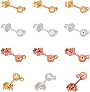 PandaHall 45 Pairs(90pcs) 3 Colors Brass Earring Studs Ear Pin Ball Post with Butterfly Earring Backs for Earring Making Findings, Golden/Silver/Rose Gold