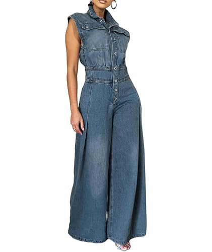xxxiticat Women's Denim Jumpsuit Sleeveless Button Down Tank Top Flared Wide Leg Bell Bottom One Piece Jeans Overalls(BE,M)