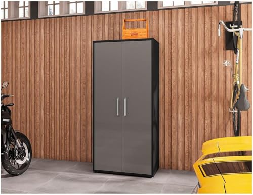 Image of Manhattan Comfort Eiffel 73.43 inch Tall Garage Cabinet with 4 Adjustable Shelves, Soft Close Doors and Stainless Steel Legs, Wooden Storage for Kitchen Pantry, Office, Laundry and Shop, Grey
