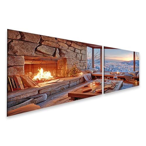 islandburner Cuadro sobre lienzo acogedora sala de chimenea con vistas al invierno y noche de vino – 2 piezas