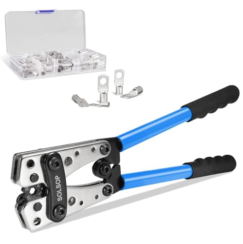 Solsop Pince à Sertir Cosses de Batterie 10-1/0 AWG 6/10 / 16/25 / 35/50 mm² avec 60 Pièces Cosses en Cuivre de 8 Tailles pour Câbles de Batterie Résistants, Bornes de Batterie, Cosses en Cuivre