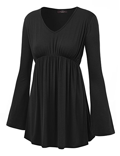 Made By Johnny WT1159 Womens V Neck Long Sleeve Empire Waist Tunic Top L Black