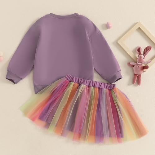 Easter Toddler Girl Outfit Kids Bunny Skirt Set Baby Rabbit Sweatshirt Tutu Easter Dress Little Girls Clothes (Purple,5-6T)