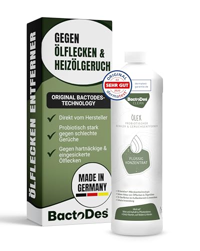 BactoDes - Ölex 1 Liter Ölfleckenentferner Konzentrat - Effektiver Heizöl-Geruchsentferner und Ölflecken-Beseitiger für Beton Asphalt & Pflastersteine - Enzymreiniger mit bio Mikroben-Wirkung