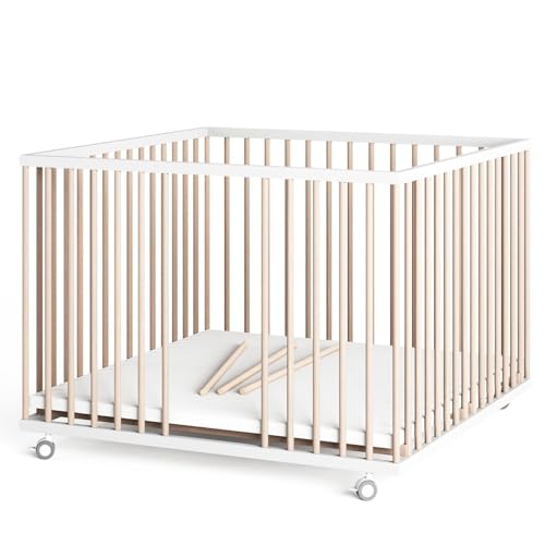 Sämann® Laufgitter 100x100 cm mit Matratze und Schlupfsprossen, stufenlos höhenverstellbar, Baby Laufstall, Buche, gummierte Rollen, Buche weiß/natur lackiert