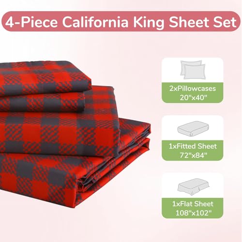 Image of MUXHOMO California King Size 4 Piece Sheet Set, Soft Breathable Bed Sheet Set for Bedroom with Deep Pocket Up to 16 inch, Wrinkle-Free & Cooling Bedding for Oeko-TEX Certified - Red Plaid