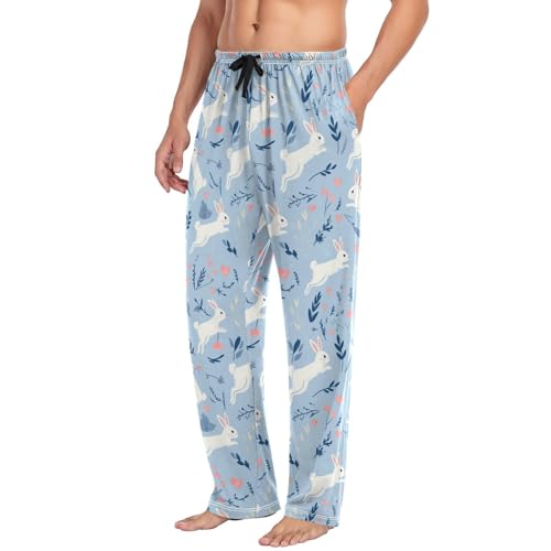 Men's Pajama Pants Rabbit Heart Blue Pajama Pants for Men PJs Bottoms Drawstring Pockets Sleep Lounge Pants S4