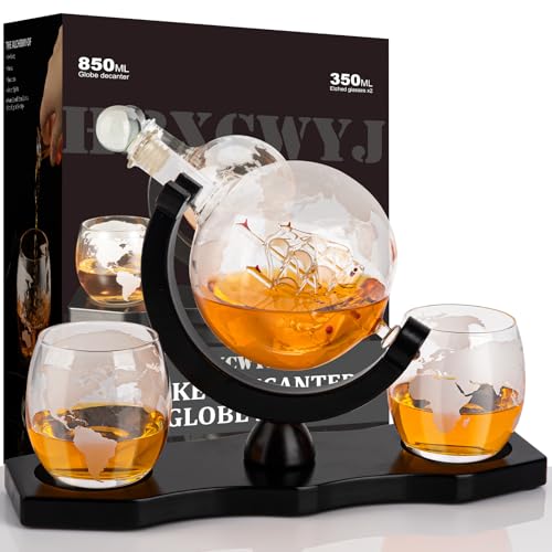 Gifts for Men Dad Husband HBXCWYJ Whiskey Decanter Globe Set with 2 Glasses & Walnut Tray-Great Gift Idea for Whiskey Bourbon or Scotch lovers Must-Have Holiday Stocking Fillers