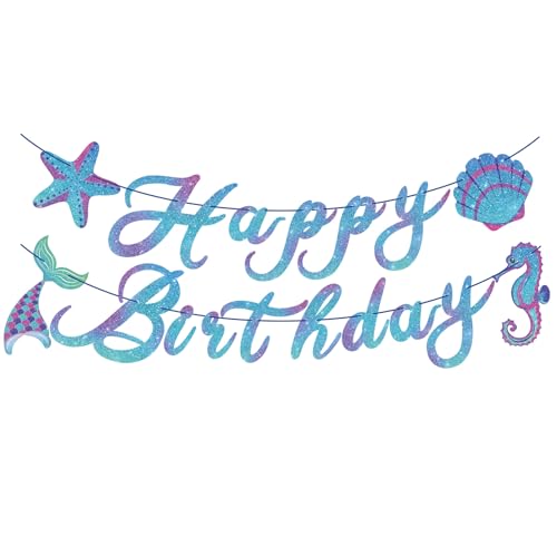Hooqict Mermaid Birthday Decorations Mermaid Happy Birthday Banner Garland Sign for Girls Baby 1st 2nd 3rd Party Banner Under The Sea Themed Party Supplies Hanging Decorations