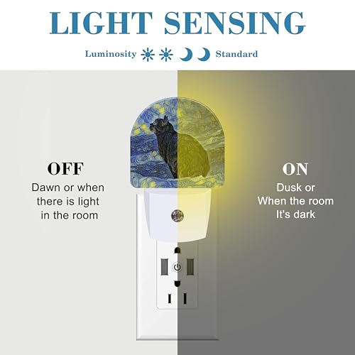 Image of Starry Sky Black Cat Painting Night Light Plug into Wall with Dusk to Dawn Sensor Cute Nightlight for Kid Girls Boys Women Men Room Decor, Hallway, Kitchen, Bathroom, Nursery, Stairs