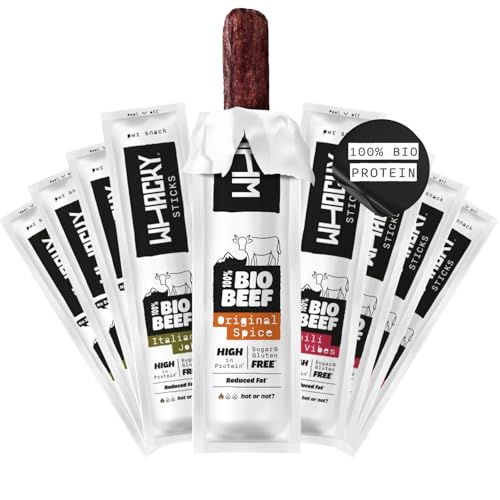 Whacky Bio Beef Sticks – 9er Probierpack (9× 32g) Protein Snack aus Rindfleisch – Salami Sticks ohne Zucker – Low Carb, für Fitness, Keto, Outdoor & Unterwegs – Köstlicher Geschmack in 3 Sorten