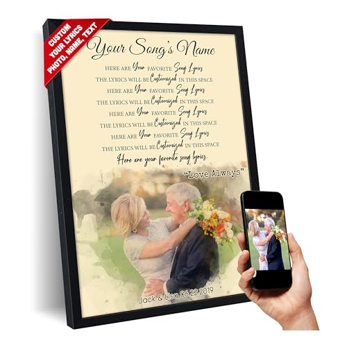 SANTANNA Custom Gift for Husband Wife Couple, Wedding Song Lyrics Wall Art Canvas Framed, Personalized Year Anniversary First Dance Print Poster, Sentimental Inspirational Gifts Decor, Unique Birthday Valentines Presents (Watercolour Photos to Memory)