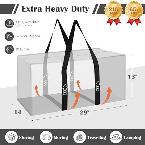Image of 6 Pack Moving Bags Heavy Duty 210GSM with Full-Open Side Zipper, 93L 65lbs Waterproof Foldable Storage Totes for College Dorm Move-In, Moving Boxes Alternative & Home Organization,White