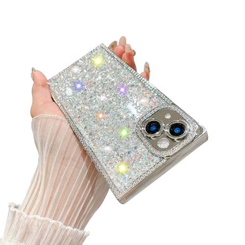 Coque iPhone 15 paillettes argentée rétro et diamant antichoc