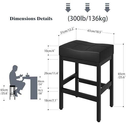 Butacos de bar negros BOSHIRO, juego de 2 sillas altas con superficie curva, asientos acolchados gruesos y reposapiés, sillas para desayuno en sala, cocina o bar miniatura 3
