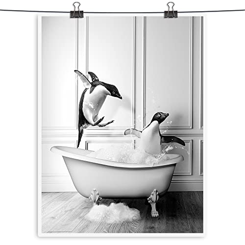 Yuzhongart Funny Penguin Bathroom Pictures Wall Decor - Cute Black And White Penguin Canvas Wall Art Print Paintings - Kawaii Animal 12 X 16 In Unframed #TOP1