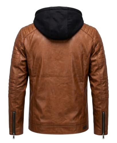 Image of Blaq Ash Men's Faux Leather Biker Jacket with Removable Hood, Quilted Shoulder, Dark Brown