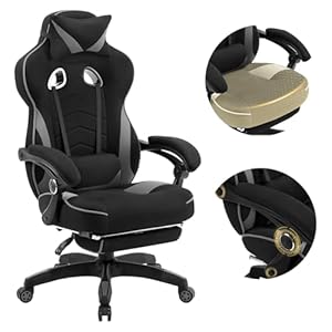 WOLTU Gaming Stuhl Stoff für Sommer, Atmungsaktiv Bürostuhl Gaming Chair Ergonomisch mit Lendenkissen, Gamer Stuhl 150 kg Belastbarkeit PC-Stuhl mit Große Rückenlehne & Sitzfläche, Schwarz+Grau