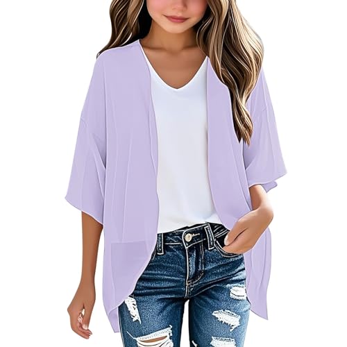 Tween Girls Swim Cover Up Trendy 3/4 Length Sleeve Chiffon Loose Front Open Flowy Top Kids Girls (Purple, 13-14 Years)