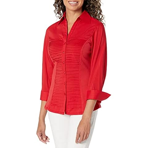 Zac & Rachel Women's 3/4 Cuff Sleeve Button Down Top with Ribbed Knit Inserts for a Comfortable Fit Blouse, Tango Red, Medium Cover
