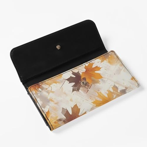 Brown Maple Leaves Women Wallet Slim Long Trifold Clutch Wallets, Modern Art Painting Leaf PU Leathers Checkbook Purse, Beige Credit Card Holder with Zipper Pocket2
