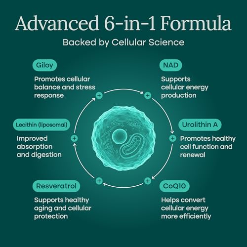 Liposomal NAD+ Supplement with Resveratrol, Urolithin A, CoQ10 & Giloy (Made & Tested in USA) NAD Supplement for Cellular Energy, Focus, Mitochondria Health, Digestion, Detox, NR NMN Replacement - Thumbnail 7