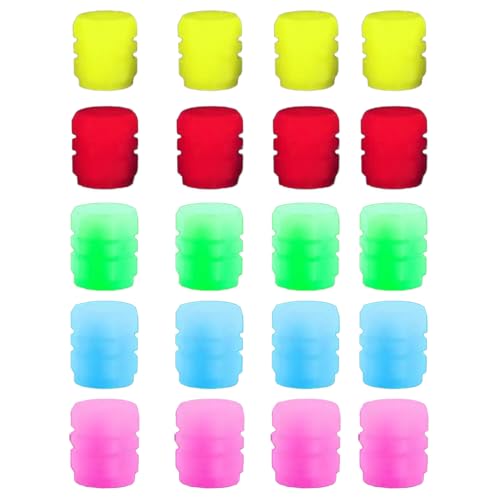TENGEE - Lot de 20 bouchons de valve lumineux pour voiture - Capuchons de valve de pneu fluorescents universels - Pour voitures, motos, vélos (vert, rose, rouge, bleu, jaune)