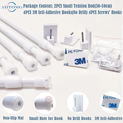2Pcs Small Net Curtain Rods Extendable, Tension Rod Wardrobe, Curtain Rods White for Cupboard, Windows, Bookshelf (30-50CM/11.81-19.69 Inch,White,Diameter: 10mm/7.8mm)