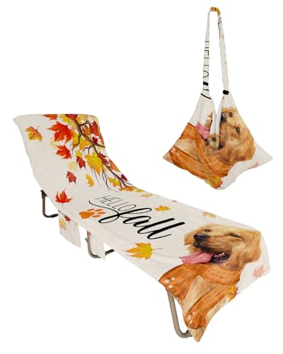 Thanksgiving Animal Dog, Beach Lounge Chair Towel Cover, Soft Chaise Lounge Towel with Side Pockets Patio Pool Chairs Cover for Beach/Pool Sunbathing 29x85 Rustic Fall Maple Leaves