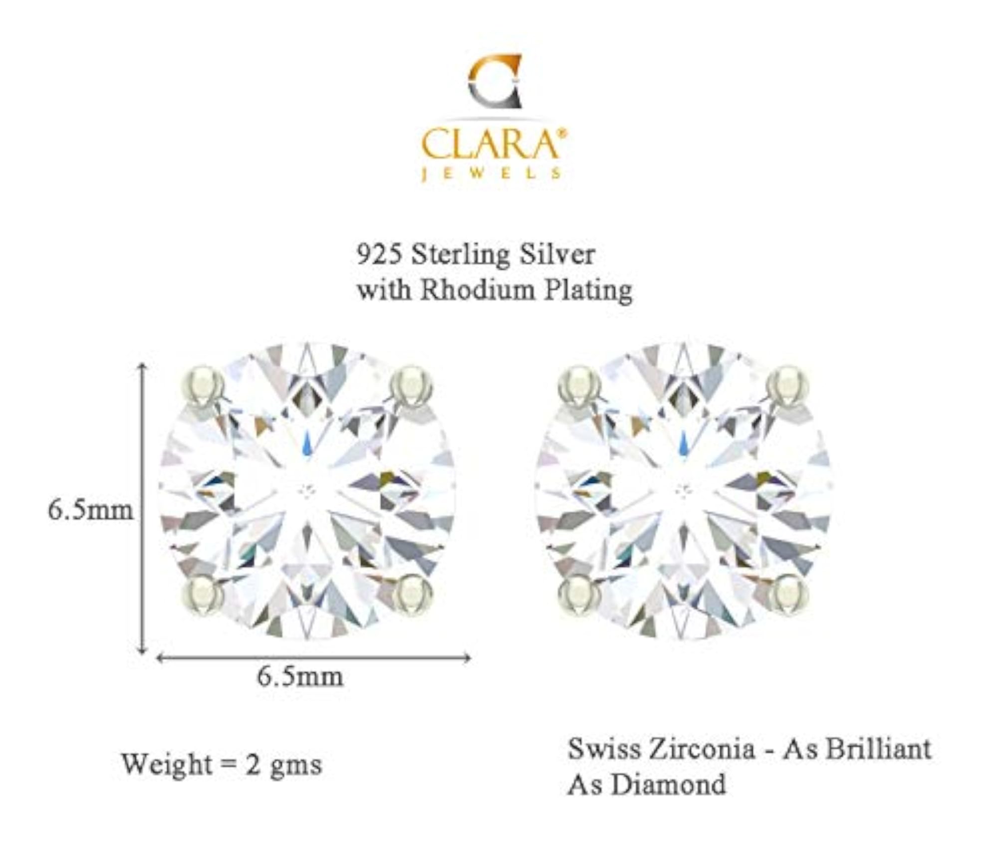 925 Sterling Silver Swiss Zirconia 6.5 mm Stud Earrings