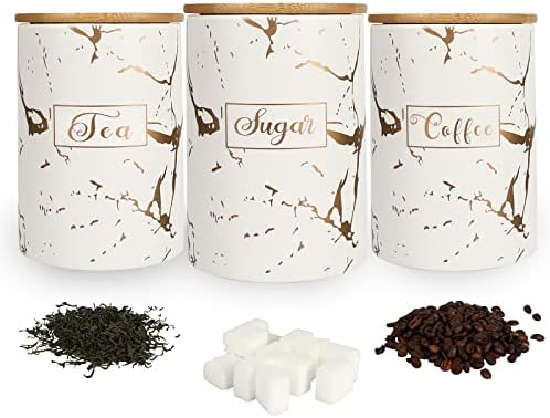 White Kitchen Ceramic Canister Sets - Airtight Set of 3 Coffee Sugar Tea Storage Containers Pots Jars with Bamboo Lid for Farmhouse Kitchen Counter,1178ML(39.83OZ)