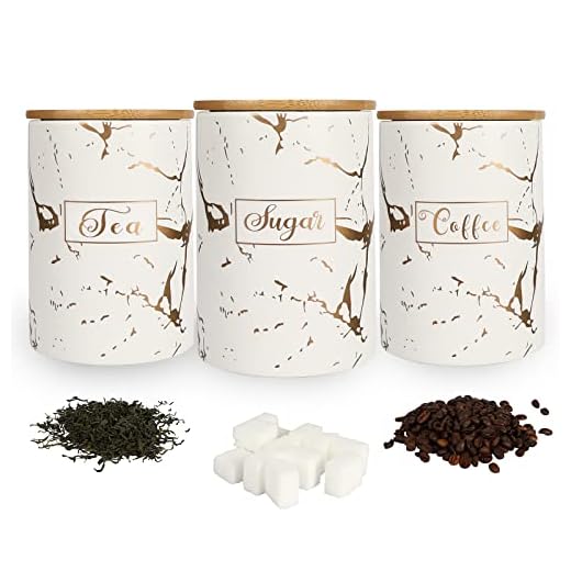 White Kitchen Ceramic Canister Sets - Airtight Set of 3 Coffee Sugar Tea Storage Containers Pots Jars with Bamboo Lid for Farmhouse Kitchen Counter,1178ML(39.83OZ)